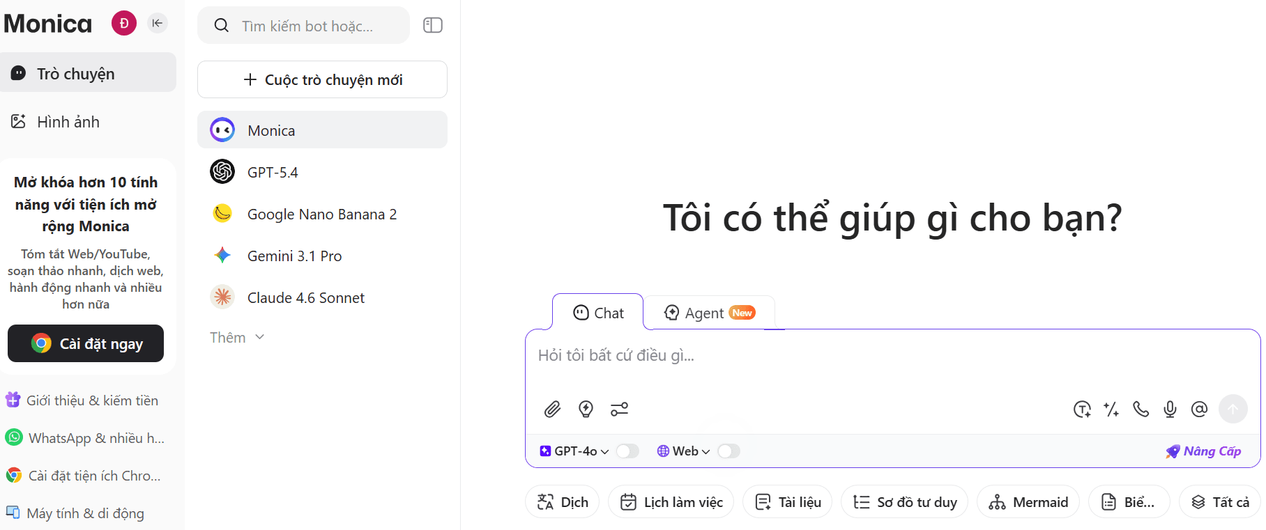 giao diện tài khoản Monica