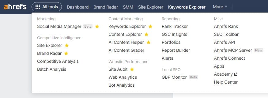 giao diện ahrefs và các tool modules đầy đủ nhất