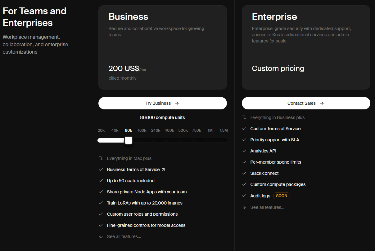 bảng giá so sánh các gói KREA