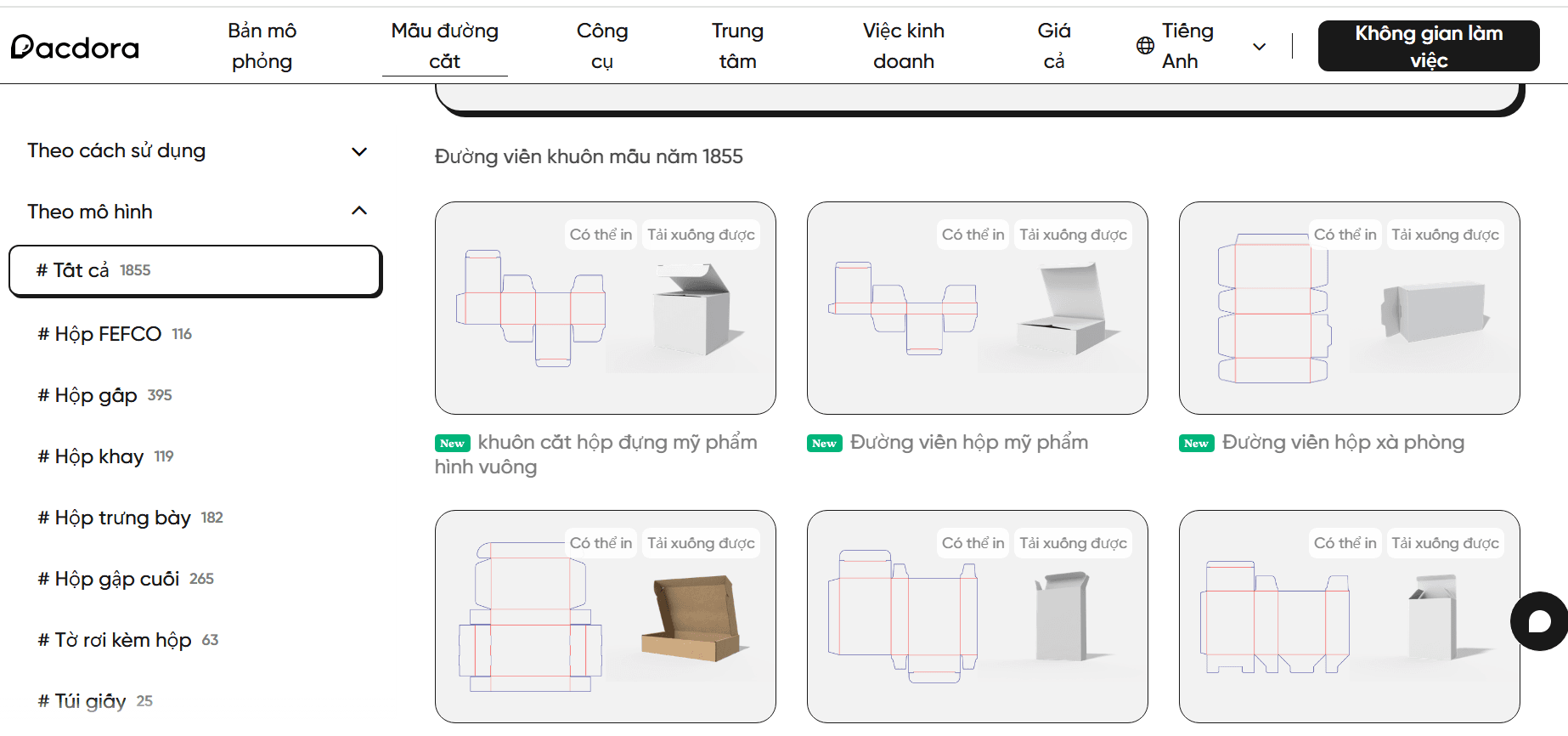 tính năng cắt hộp bao bì của Pacdora