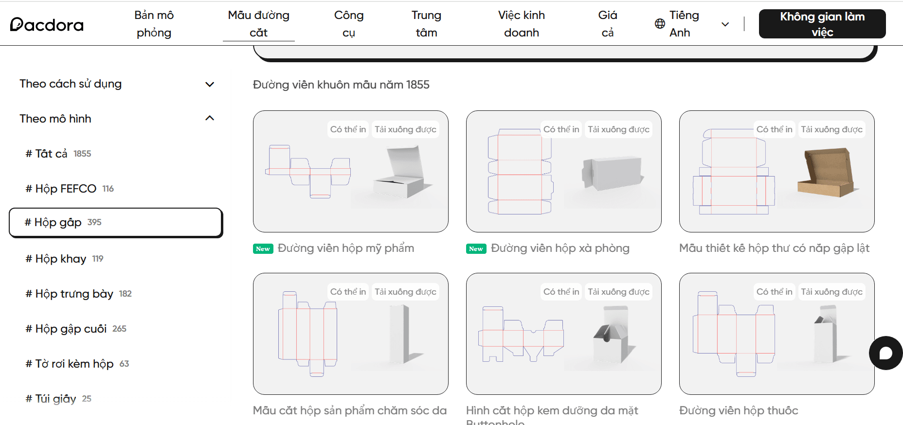 tính năng mẫu đường cắt hộp gấp của Pacdora