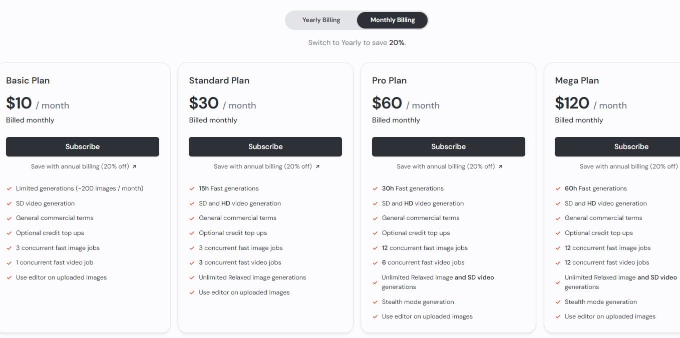 bảng gia mới nhất của Midjourney