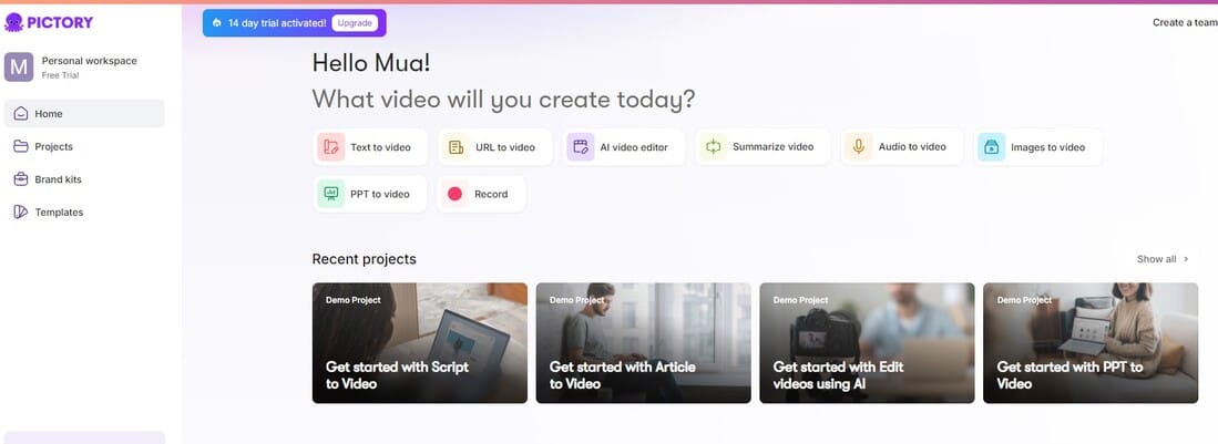 Giao diện Tài khoản Pictory AI group buy