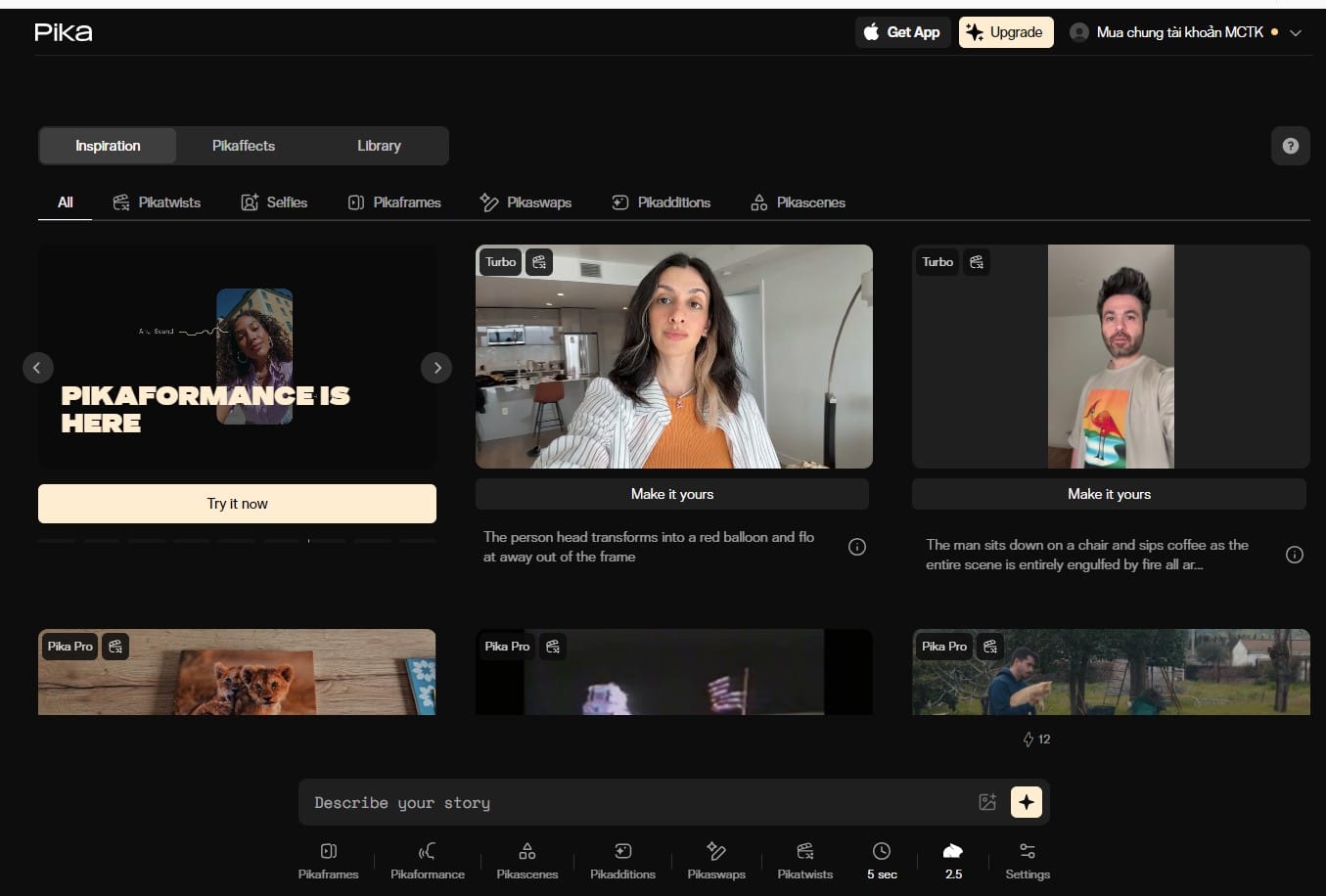 giao diện tài khoản Pika AI