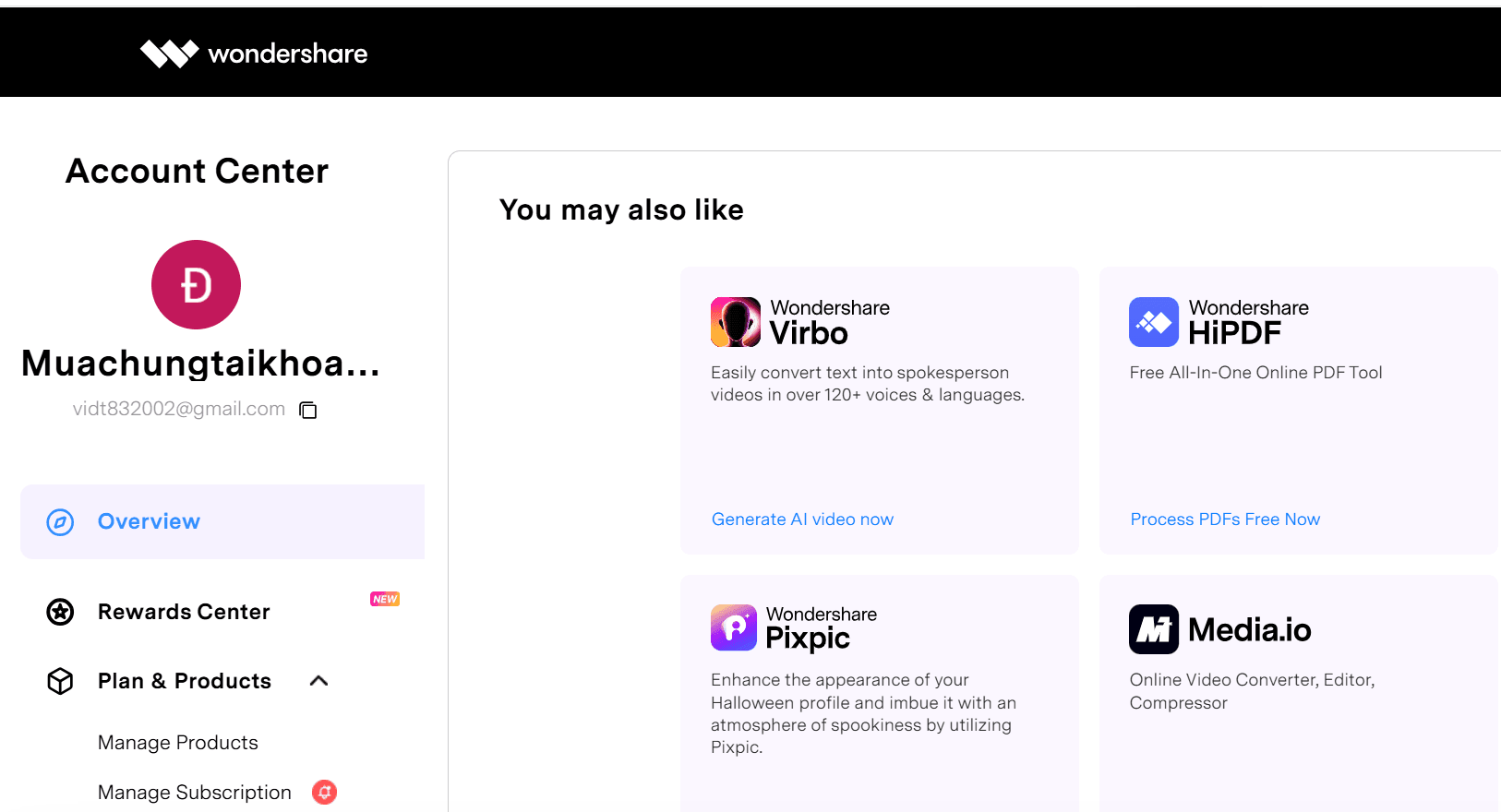 giao diện tài khoản wondershare