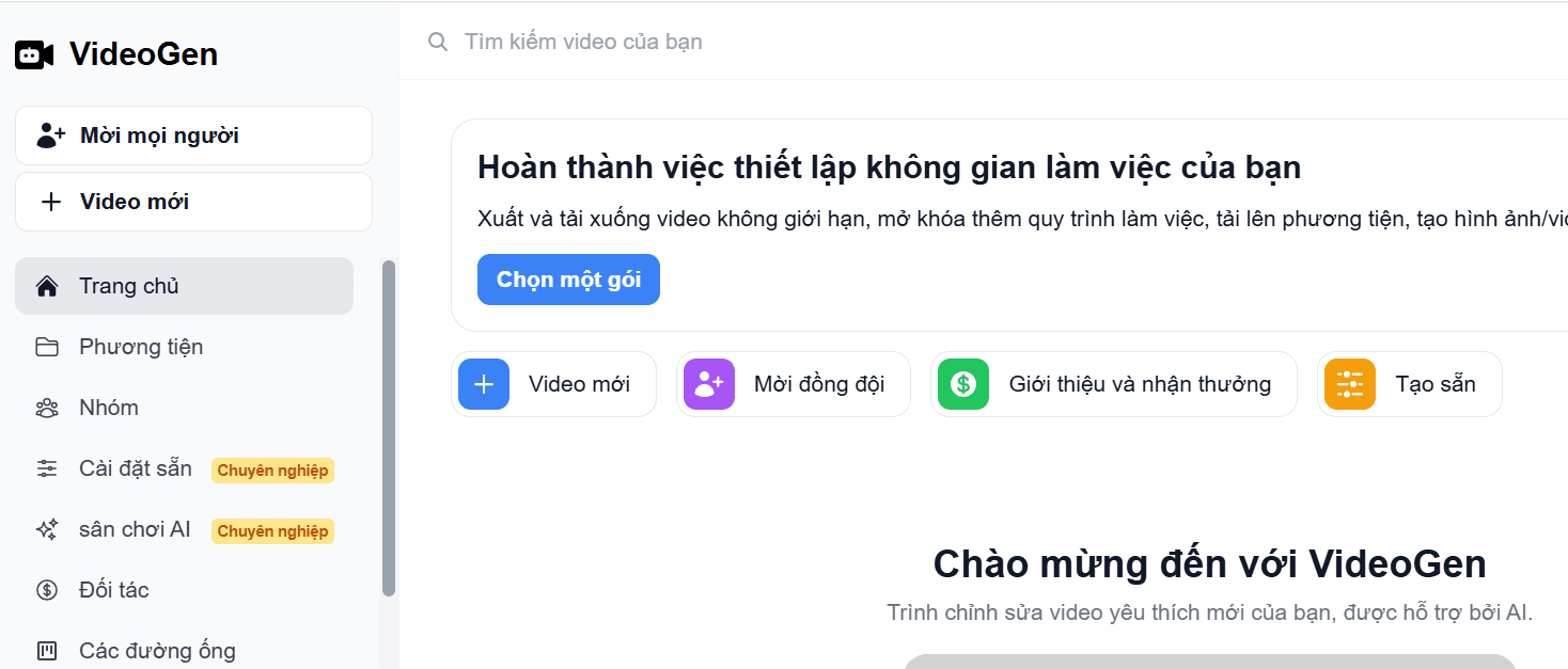 giao diện tài khoản VideoGen AI