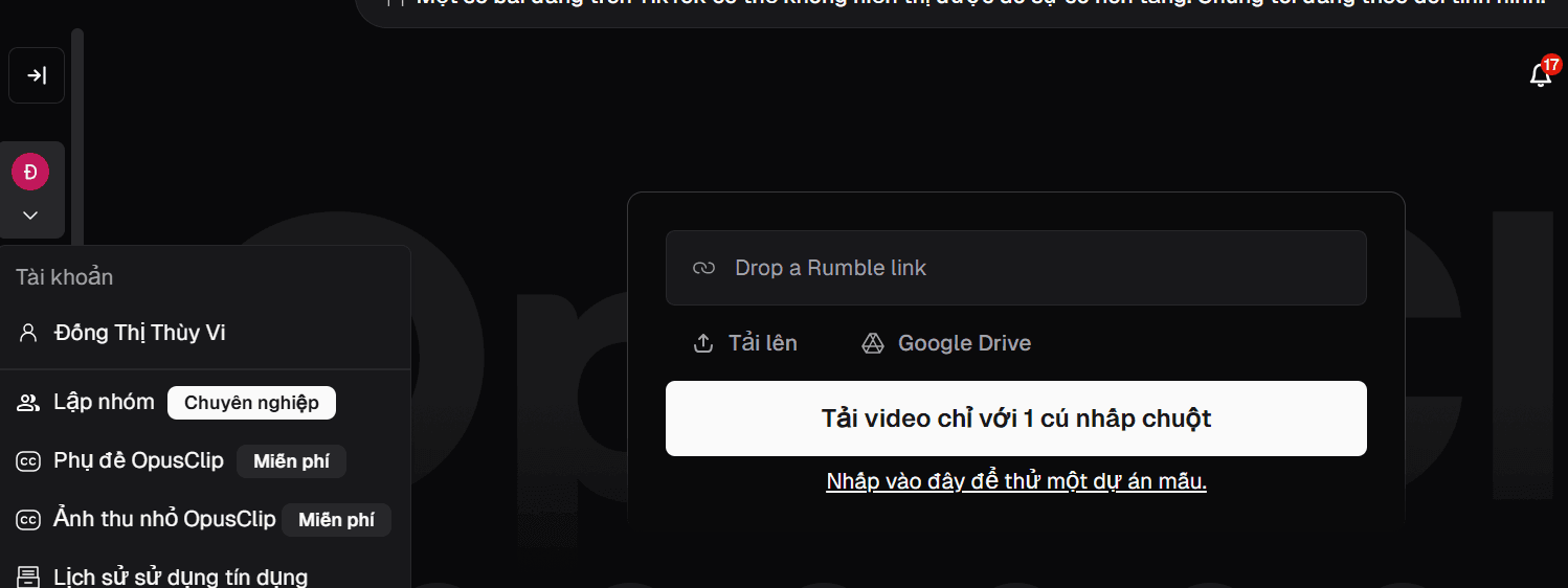 giao diện tài khoản Opus Clip AI