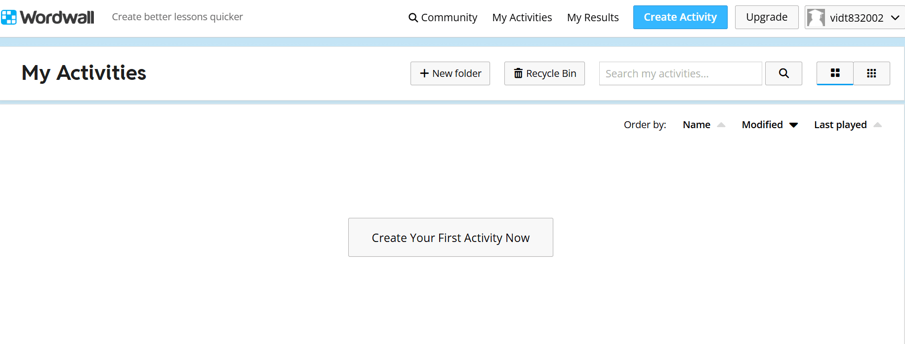 giao diện tài khoản Wordwall 