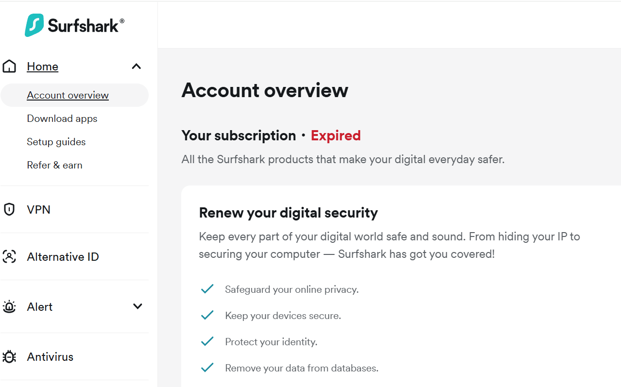 giao diện tài khoản Surfshark VPN