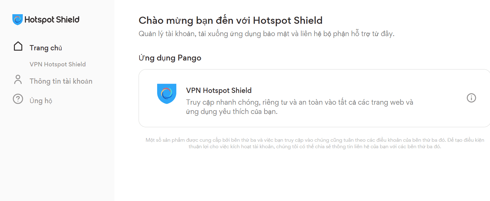 giao diện tài khoản Hotspot Shield VPN