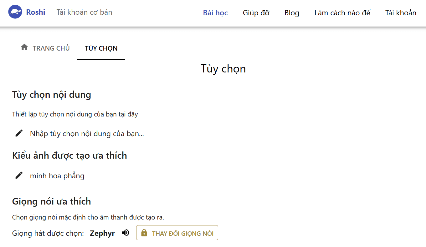 tính năng tài khoản Roshi AI