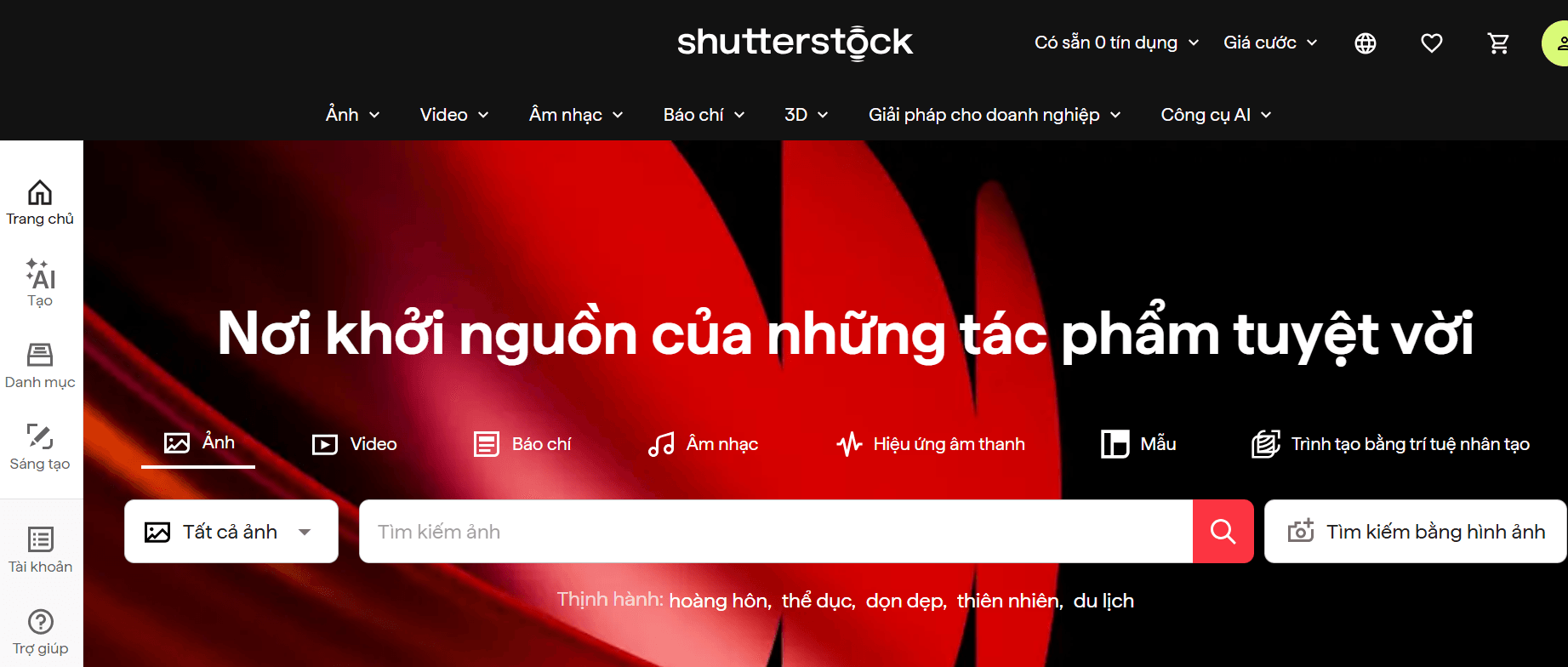 Giao diện tài khoản Shutterstock