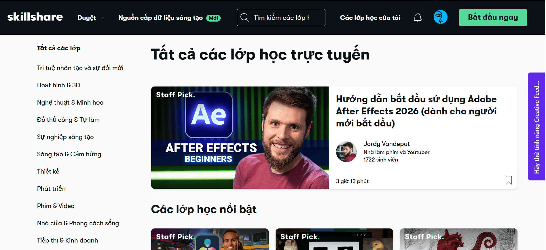 giao diện tài khoản skillshare